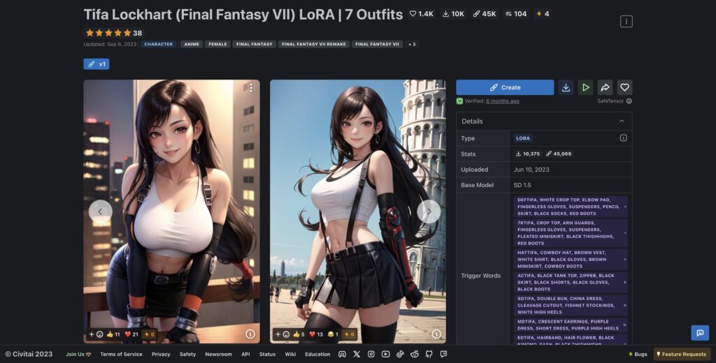 CivitaiのTifa Lockhart (Final Fantasy VII) LoRA | 7 Outfits画面
