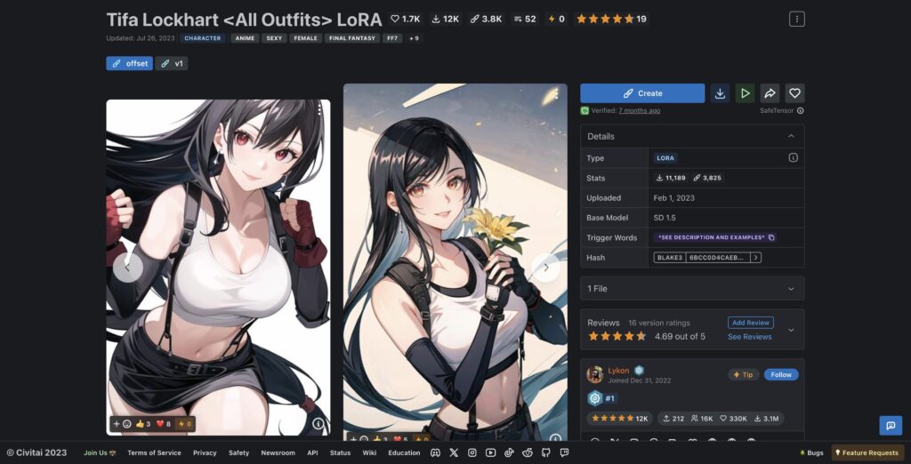 CivitaiのTifa Lockhart <All Outfits> LoRA画面