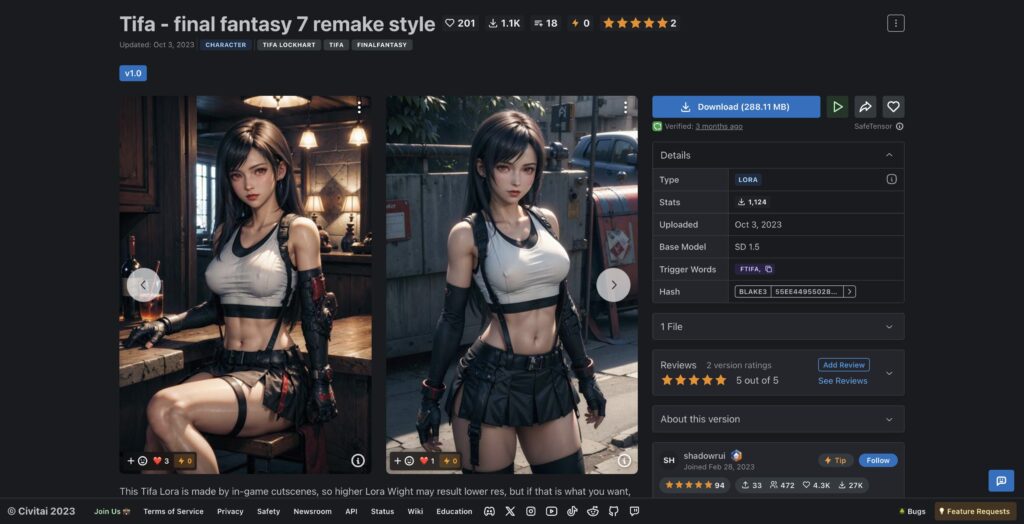 CivitaiのTifa - final fantasy 7 remake style画面