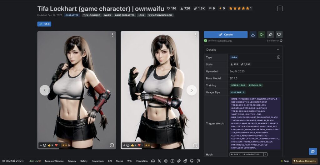 CivitaiのTifa Lockhart (game character) | ownwaifu画面