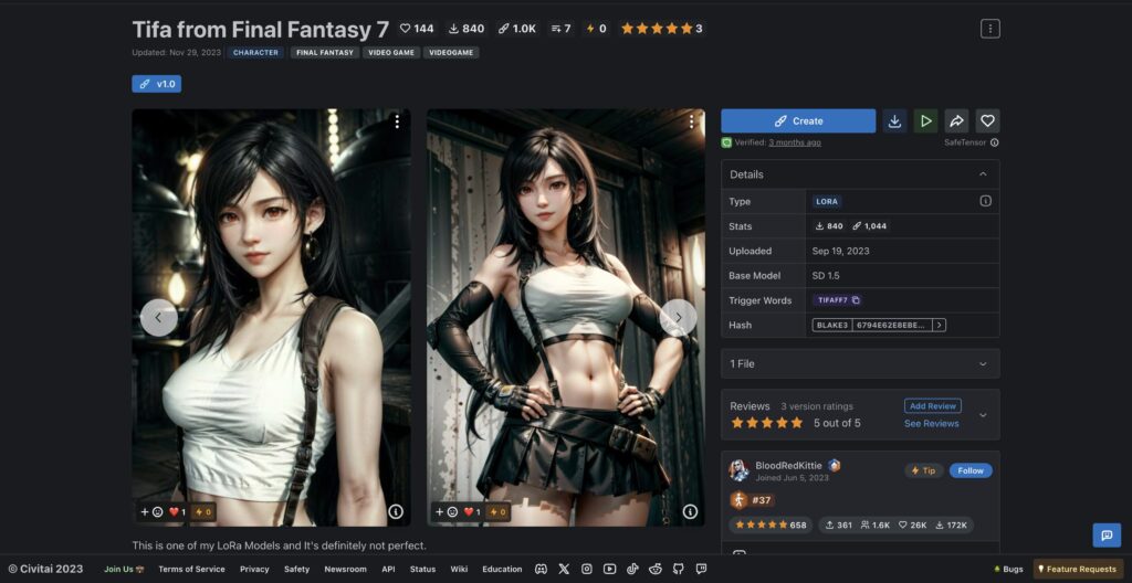 CivitaiのTifa from Final Fantasy 7画面